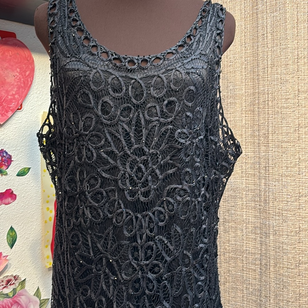 Vintage Soulmates, sleeveless hand crochet black silk floral maxi dress. Size 1X